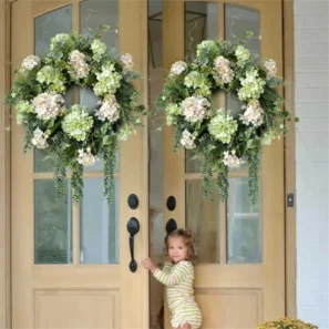 19.69″ Artificial Flower Wreath Front Door Decorations 50cm Wreath with Hydrangeas & Green Leaves Summer Wreath for Wall