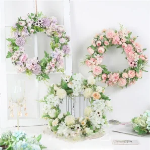 Simulation Peony Hydrangea Garlands Door Wreath Hanging Ornaments Colored Wreath Pendant Display Window Wedding Photography Prop